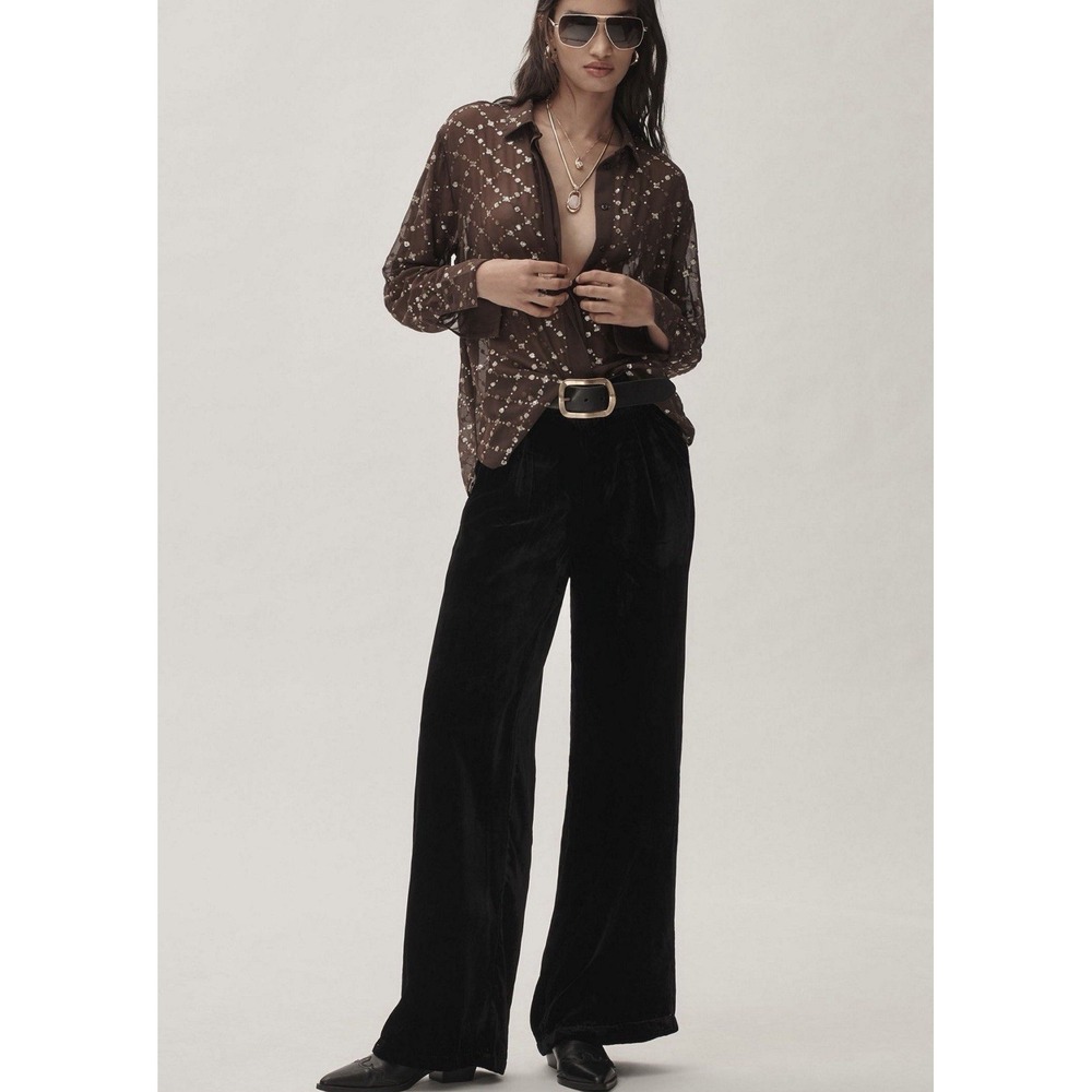 Anthropologie Size Medium Black Velvet Wide Leg Classic Pants Boho Vibe Holiday